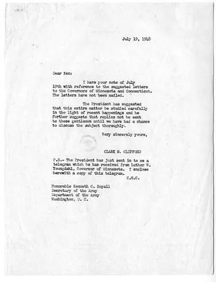 Correspondence Between Clark Clifford and Secretary of the Army Kenneth Royall, with Attachment