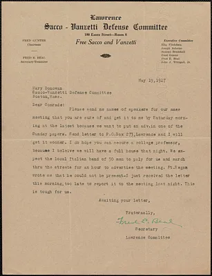Fred E. Beal (Lawrence Sacco-Vanzetti Defense Committee) typed letter signed to Sacco-Vanzetti Defense Committee, Lawrence, Mass., May 19, 1927