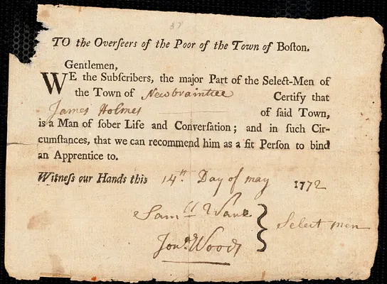 Benjamin Fitch indentured to apprentice with James Holmes of New Braintree, 5 August 1772