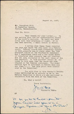 Jeannette Marks typed letter signed to Creighton [J.] Hill, Westport, N. Y., August 19, 1927