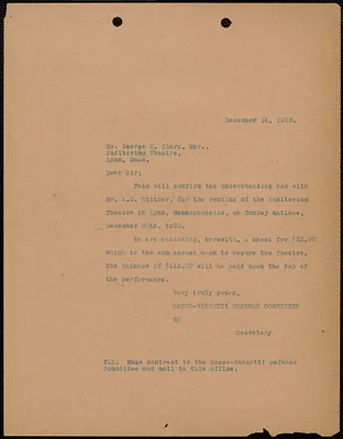 Sacco-Vanzetti Defense Committee typed letter (copy) to George E. Clark (Auditorium Theatre), Boston, Mass., December 14, 1923