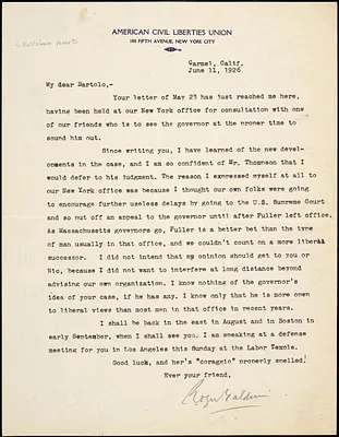 Roger N. Baldwin typed letter signed to Bartolomeo Vanzetti, Carmel, Cal., 11 June 1926