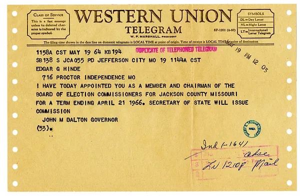 Telegram from Governor John Dalton to Edgar Hinde
