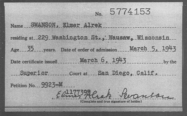 Swanson, Elmer Alrek - 1943
