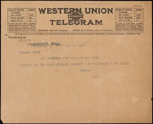 Borghi telegram to Baroni Rens, St. George, N. Y., June 19, 1927