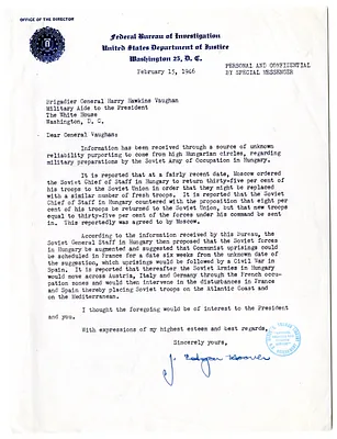 Letter from J. Edgar Hoover to Brigadier General Harry Vaughan
