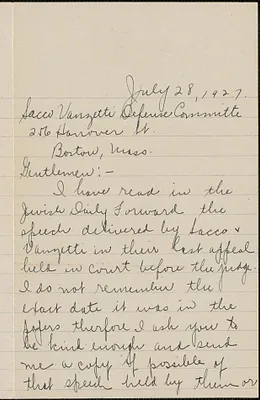 Jacob Weinstein autograph letter signed to Sacco-Vanzetti Defense Committee, Brooklyn, N.Y., July 28, 1927