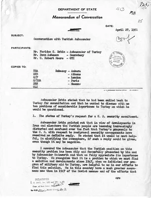 Memorandum of Conversation with Secretary of State Dean Acheson, Ambassador of Turkey Feridun C. Erkin, and C. Robert Moore