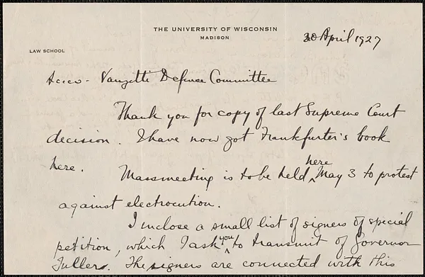 W. G. Rice Jr. autograph letter signed to Sacco-Vanzetti Defense Committee, Madison, Wisc., April 30, 1927
