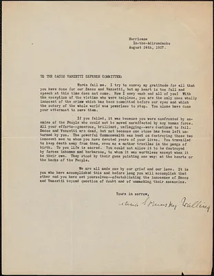 Anna Strunsky Walling typed letter signed to Sacco-Vanzetti Defense Committee, Hurricane In-the-Adirondacks, August 24, 1927