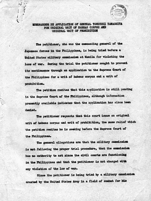 Memorandum Regarding Application of General Tomoyuki Yamashita for Original Writ of Habeas Corpus and Original Writ of Prohibition