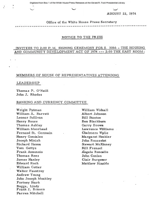 Invitees to Signing Ceremony for Housing and Community Development Act of 1974 [Meeting Attendee List]