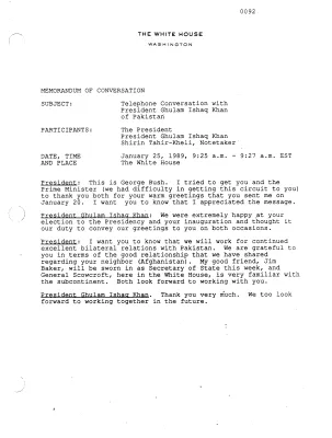 Telephone Conversation with President Ghulam Ishaq Khan of Pakistan, January 25, 1989