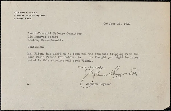 Johnson Heywood typed letter signed to Sacco-Vanzetti Defense Committee, Boston, Mass., October 28, 1927