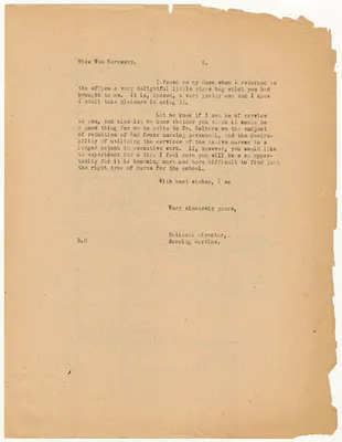 Letter from the National Director of the Nursing Service to Agnes von Kurowsky
