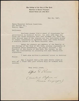 Alfred G. Panaroni typed letter signed to Sacco-Vanzetti Defense Committee, New York, N.Y., May 22, 1927