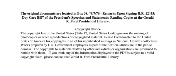 9/7/76 - Remarks Upon Signing H.R. 12455: Day Care Bill