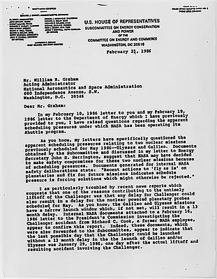Memo from Congressman Ed Markey to Acting NASA Administrator William R. Graham