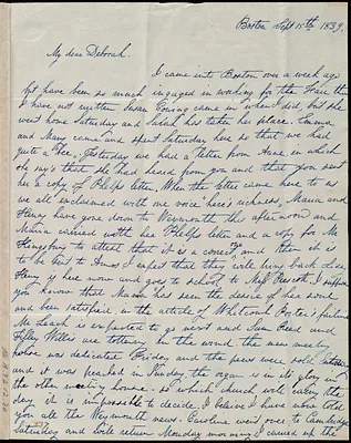 Letter from Lucia Weston, Boston, [Mass.], to Debora Weston, Sept. 15, 1839