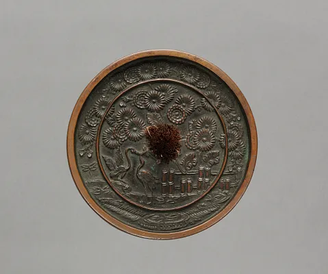 Mirror with Pair of Cranes in Chrysanthemum
