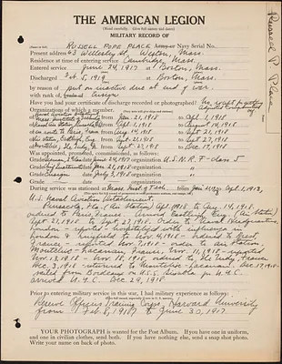 American Legion military record of Russell Pope Place
