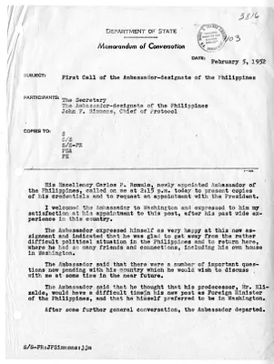 Memorandum of Conversation with Secretary of State Dean Acheson, Ambassador of the Philippines Carlos Romulo, and John F. Simmons