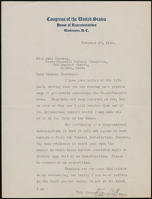 Victor L. Berger typed letter signed to Mary Donovan, Washington, D.C., November 17, 1926