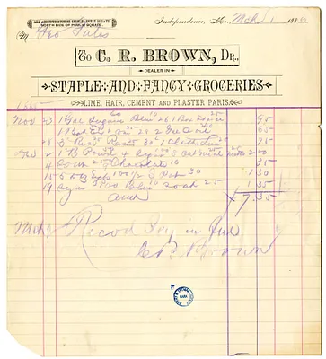 Bill and Receipt from C. R. Brown to George P. Gates