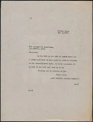 Sacco-Vanzetti Defense Committee typed note (copy) to The Springfield Republican, Boston, Mass., October 4, 1927
