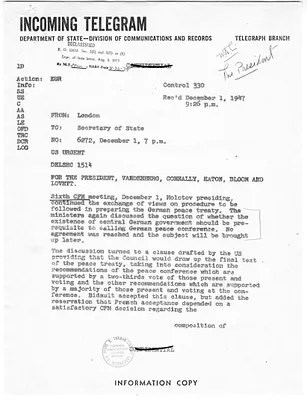 Telegram from Lewis Douglas to Secretary of State George Marshall