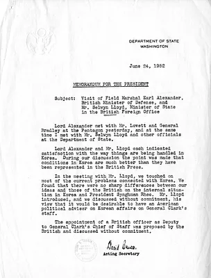 Memorandum from Acting Secretary of State David Bruce to President Harry S. Truman