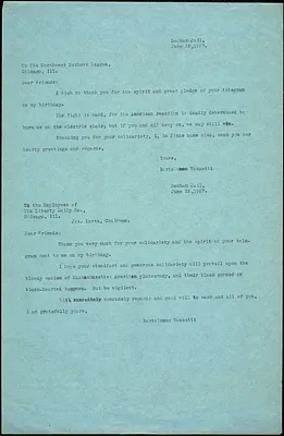 Bartolomeo Vanzetti typed note (copy) to the Northwest Mothers League in Chicago, Dedham, 30 June 1927