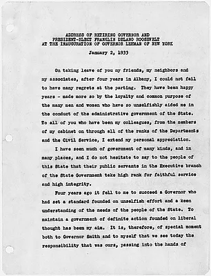 Address of Retiring New York State Governor Franklin D. Roosevelt