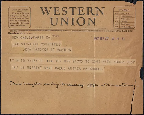 Ferandel telegram to Sacco-Vanzetti Defense Committee, Paris, France, September 27, 1927