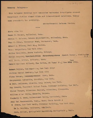 Sacco-Vanzetti Defense Committee telegram (copy) to Roger W. Banson and others, Boston, Mass., approximately [August 20, 1927]