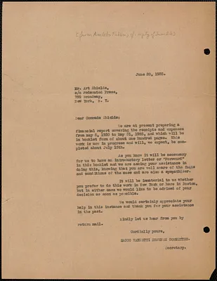 Sacco-Vanzetti Defense Committee typed letter (copy) to Art Shields (The Federated Press), Boston, Mass., June 20, 1925