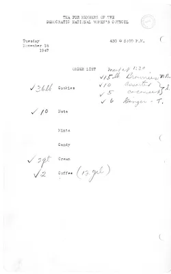 Shopping List for Tea for Members of the Democratic National Women's Council