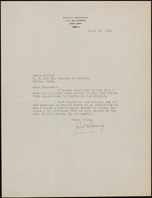 Scott Nearing typed letter signed to Amleto Fabbri, New York, N.Y., April 30, 1925