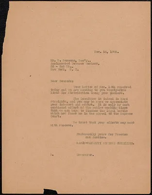 Sacco-Vanzetti Defense Committee typed letter (copy) to D. Sussman (Amalgmated Tobacco Workers), Boston, Mass., November 14, 1924