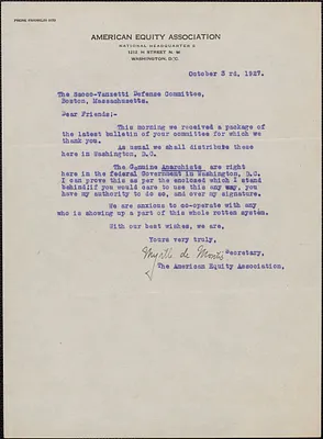 Myrtle de Montis (American Equity Association) typed letter signed to Sacco-Vanzetti Defense Committee, Washington, D. C., October 3, 1927