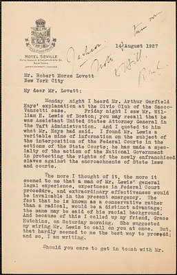 Harriet S. Butcher typed letter signed to Robert Morss Lovett, New York, N. Y., August 14, 1927