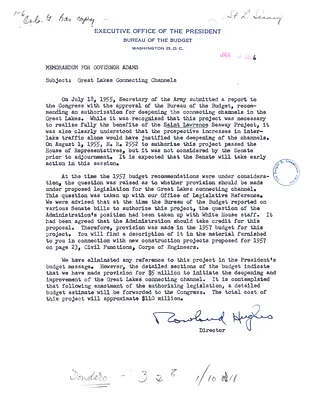 Memorandum for Sherman Adams from Rowland Hughes Regarding Great Lakes Connecting Channels