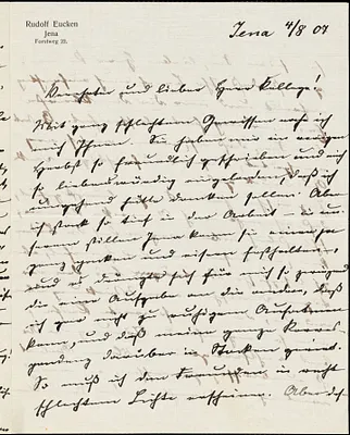 Eucken, Rudolf, 1846-1926 autograph letter signed to Hugo Münsterberg, Jena, 4 August 1907