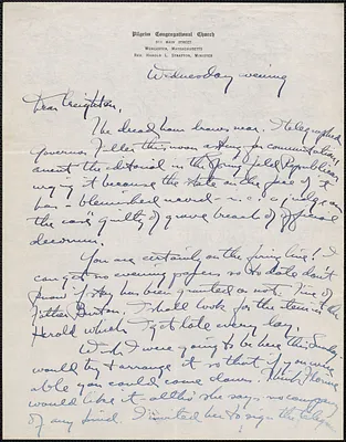 Harold L. Stratton (Pilgrim Congregational Church) autograph letter signed to Creighton [J. Hill], Worcester, Mass., [1927?]
