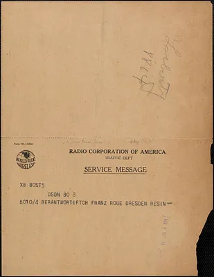 [Franz? Roue] telegram to [Sacco-Vanzetti Defense Committee?], Dresden, Germany, August 4, 1927