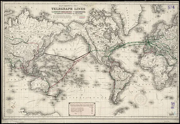 Map showing the telegraph lines in operation, under contract, and contemplated, to complete the circuit of the globe