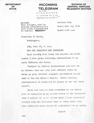 Telegram from Myron C. Taylor to Secrertary of State Edward Stettinius