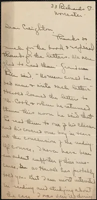 [Flourie?] autograph letter signed to Creighton [J. Hill], Worcester, Mass., June 21, [1927?]