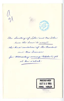 Invitation Reply from Secretary of Labor and Mrs. Maurice Tobin to the White House Social Office