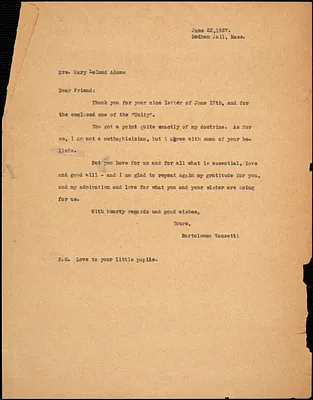 Bartolomeo Vanzetti typed note (copy) to Mary Leland Adams, Dedham, 22 June 1927